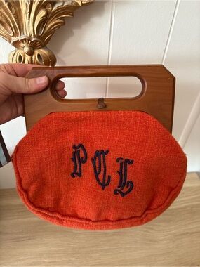 Monogrammed Orange Fabric Clutch with Wooden Handle